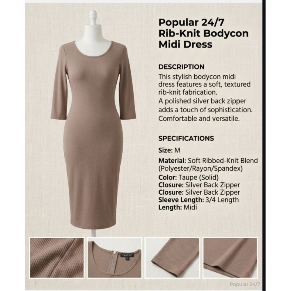 Popular Basics Brown Knit Stretch Bodycon V-Neck Zip Front‎ 3/4 Sleeve M